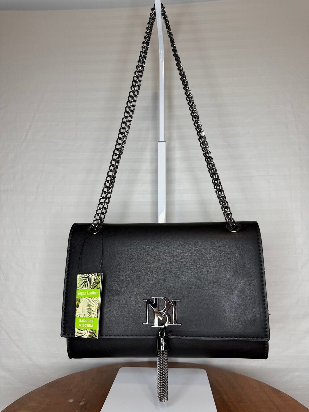 Badgley Mischka Fringe Crossbody Bag Black Gunmetal Chain Vegan Leather NWT